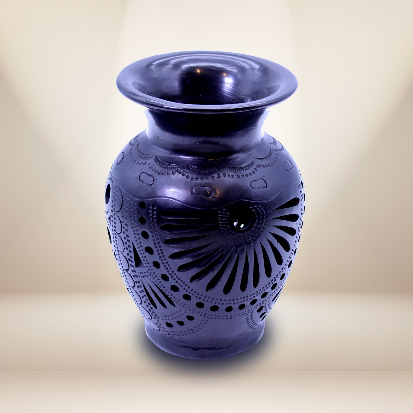 Hand-carved black clay vase decorative - Oaxacan Barro Negro authentic Mexican pottery