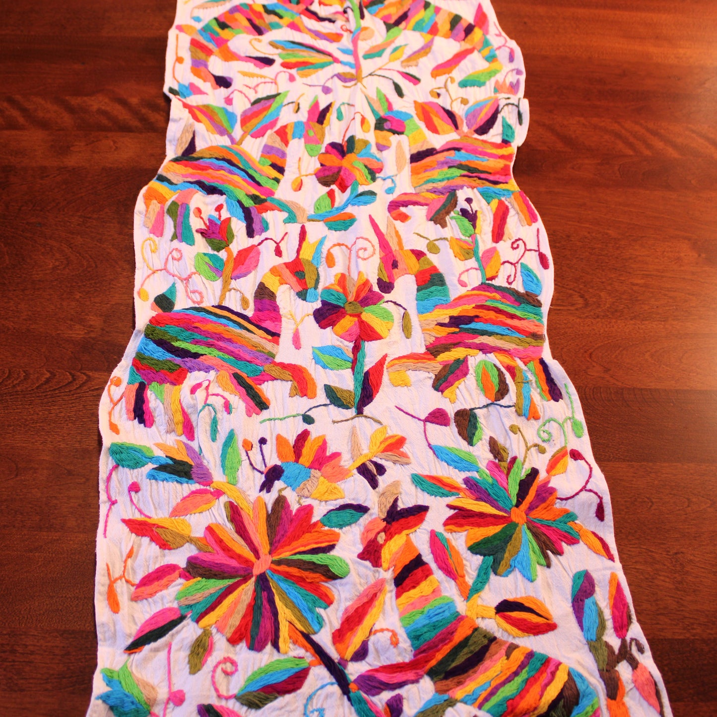 Hand-embroidered Tenango table runner 17x70 inches - Mexican artisan textile