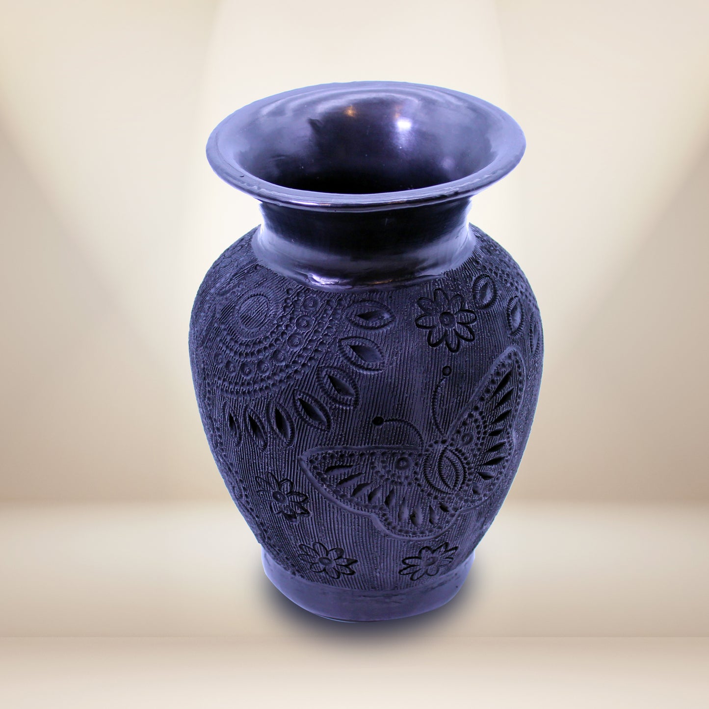 Hand-carved black clay vase 8 inches with flowers and butterflies - Oaxacan Barro Negro