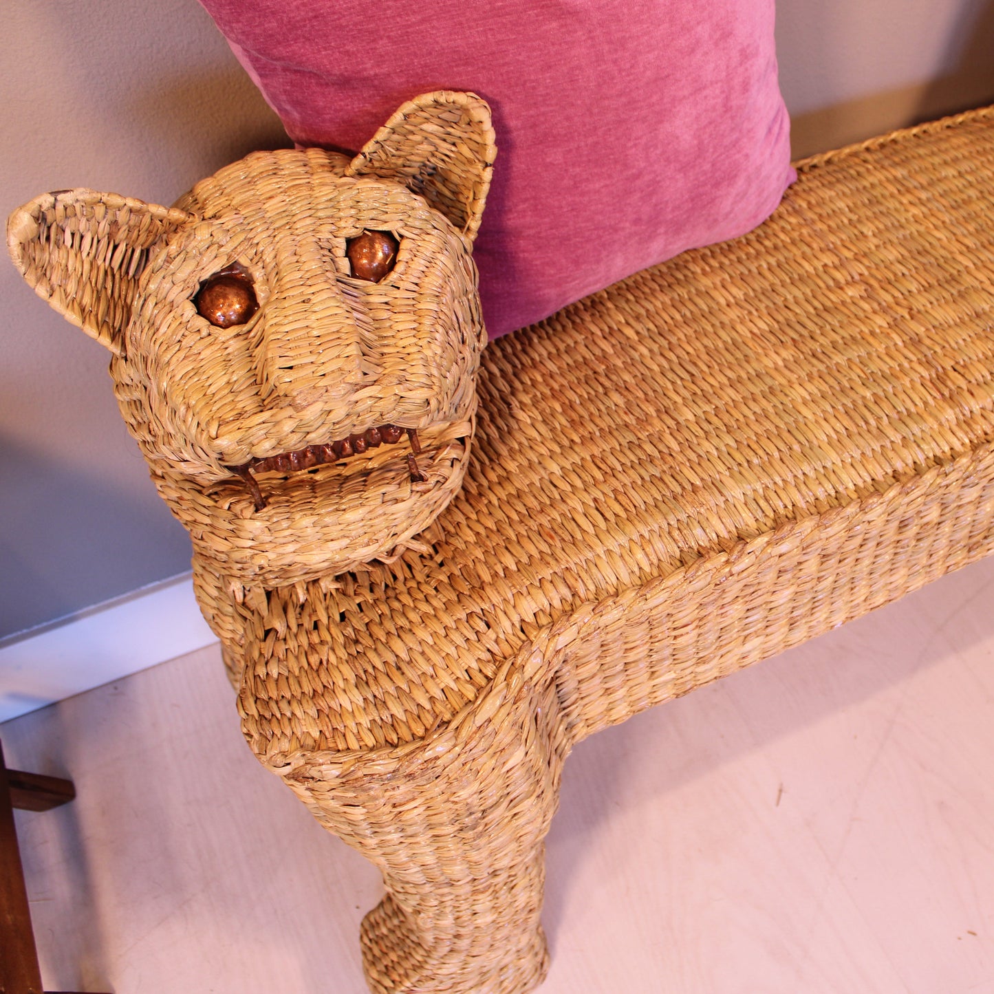 Handwoven double headed jaguar bench in natural reed Chuspata - Mexican artisan furniture