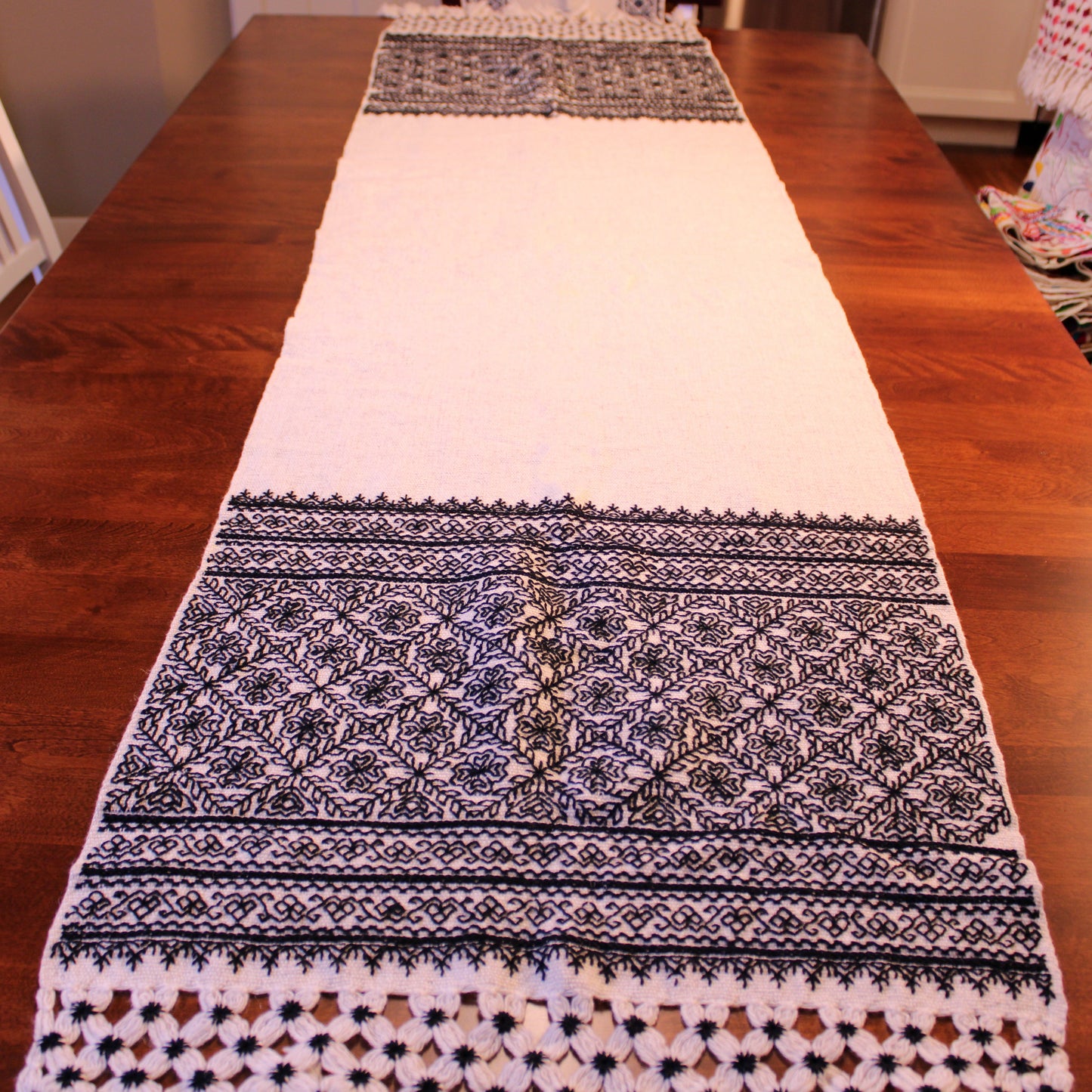 Bed scarf-runner-hand embroidered with wool/ color white&black