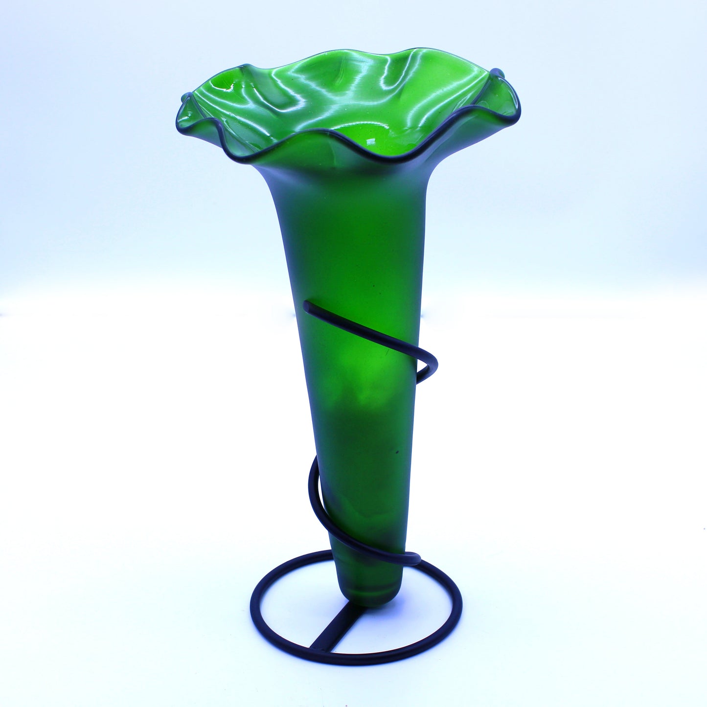 Hand-Blown Glass Flower Vase with Iron Base - Green | Mexican Artisan Glassware