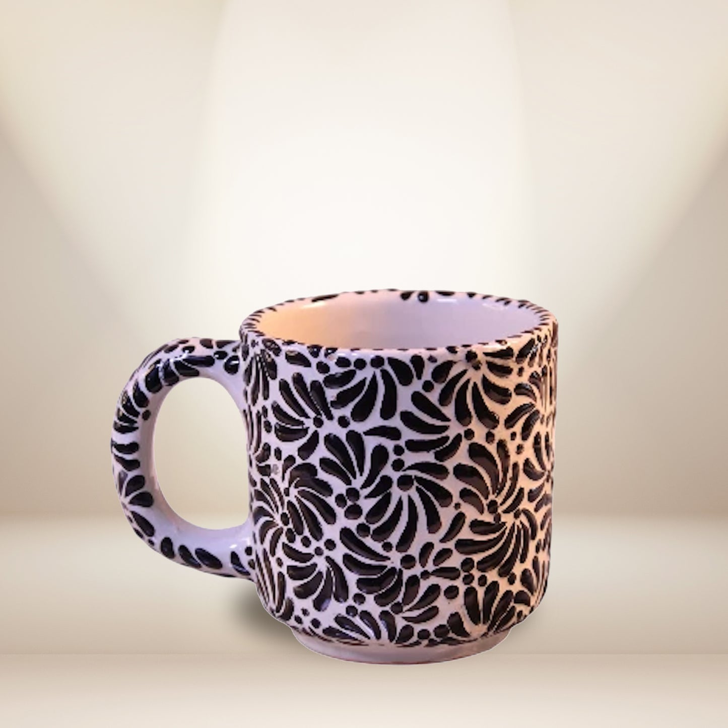 Hand-painted Talavera coffee cup feather style - authentic Mexican pottery