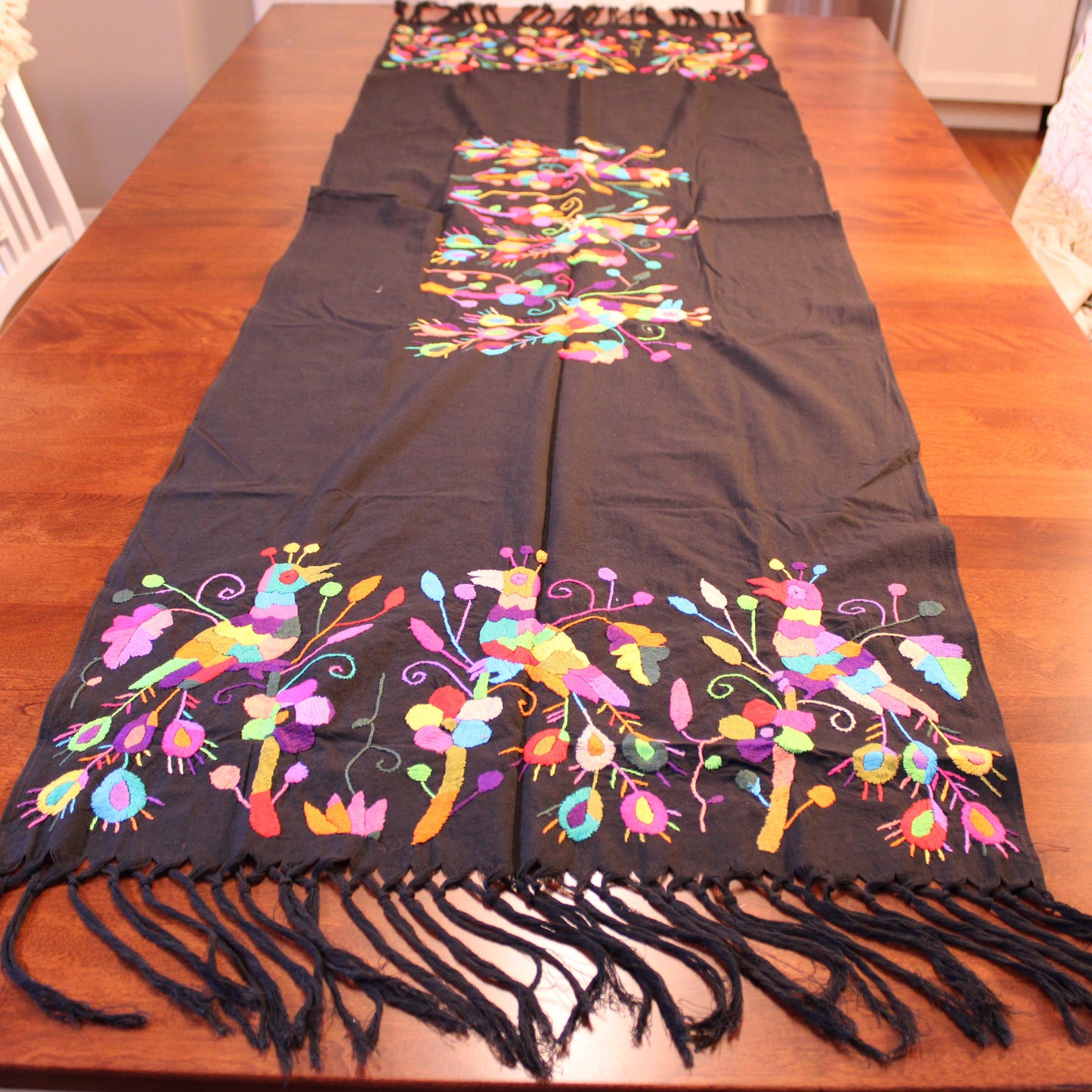 Hand-embroidered Tenango shawl with 3 birds design in black - Mexican artisan textile