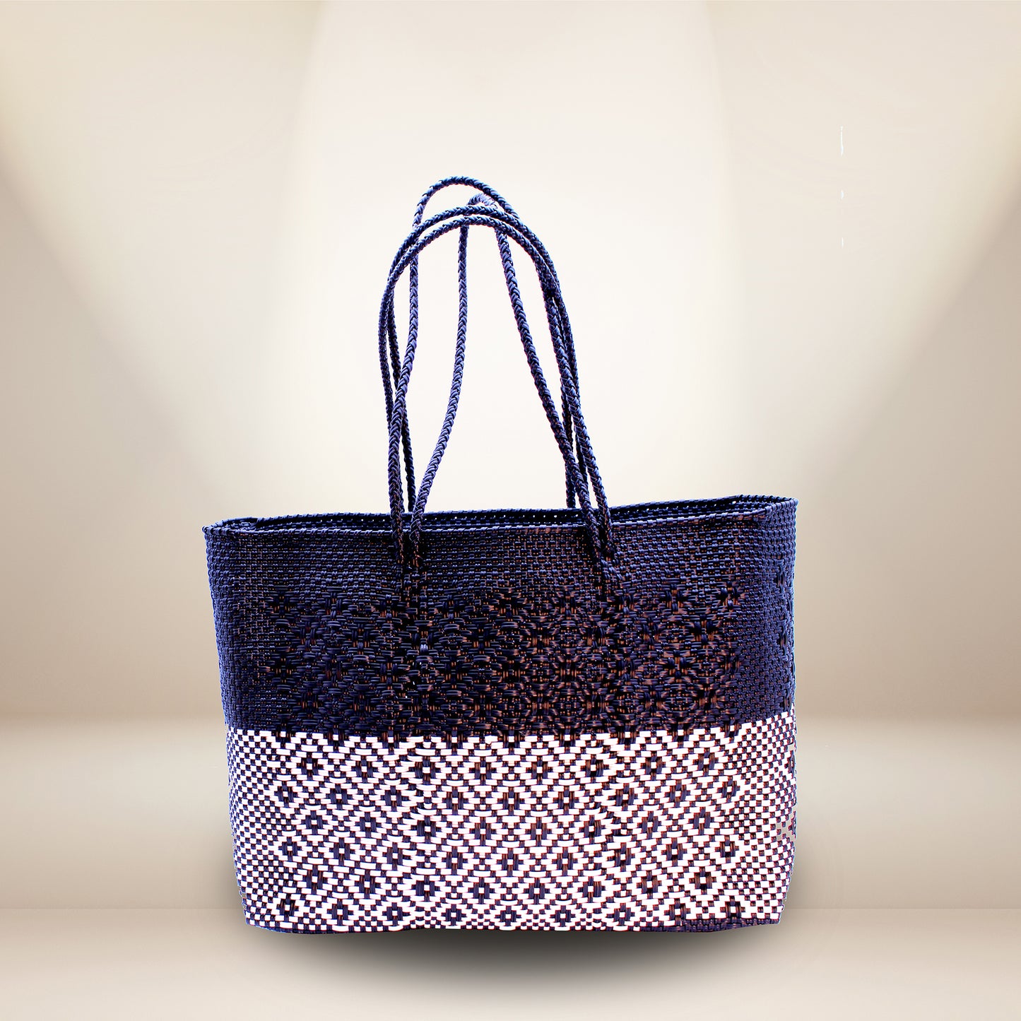 Hand crafted tote made 100% recycled plastic black, brown and white-HPT-001