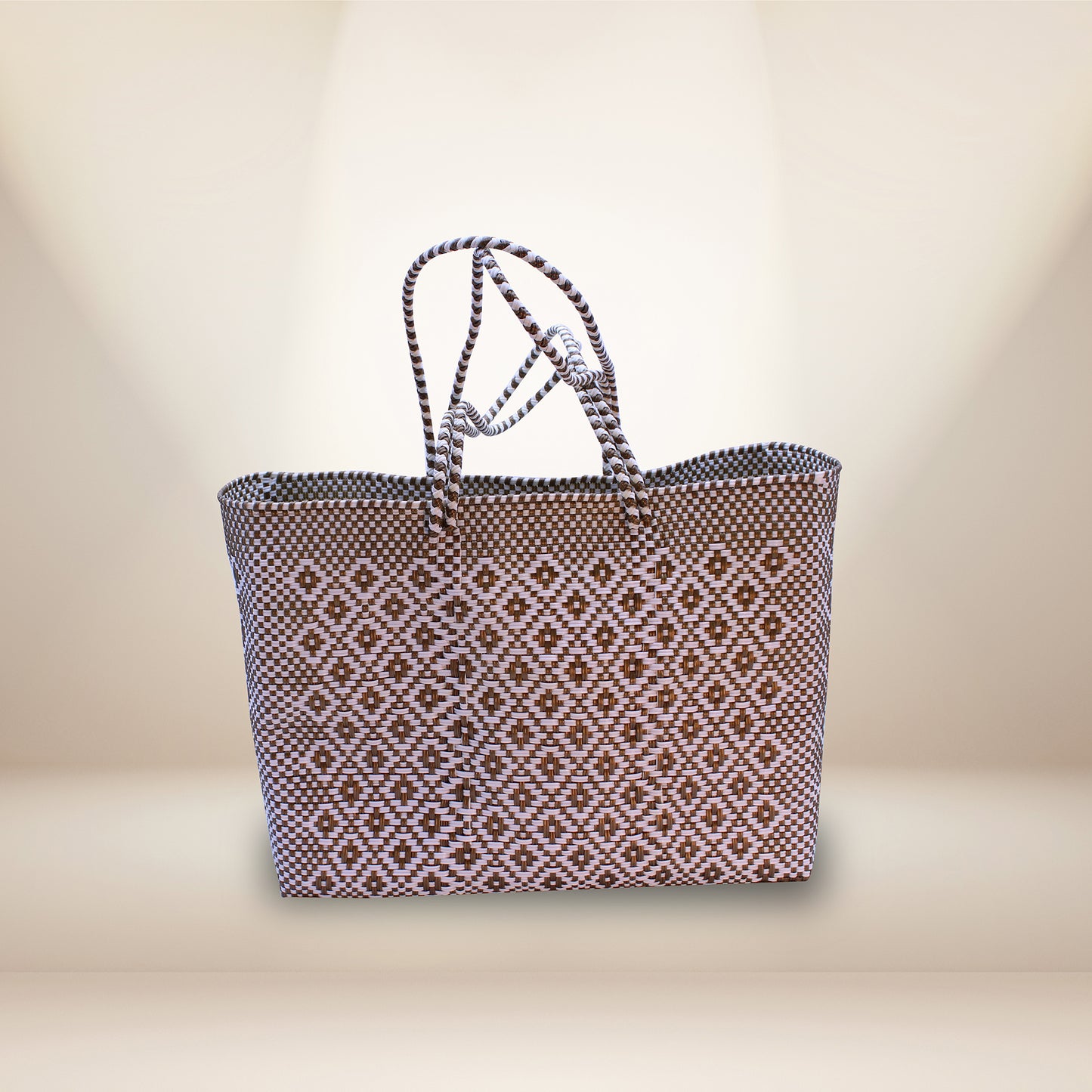 Hand crafted tote made 100% recycled plastic brown and white-HPT-005