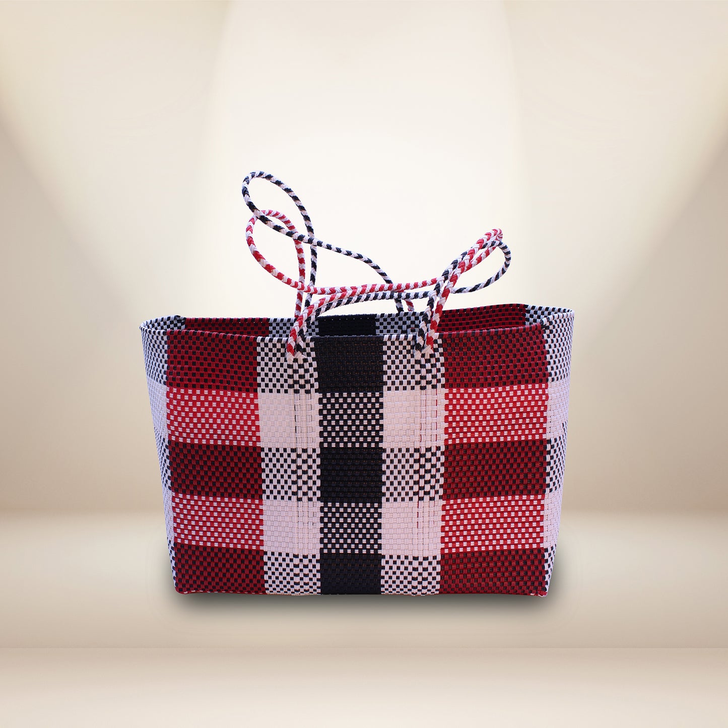 Hand crafted tote made 100% recycled plastic red adn black-HPT-011