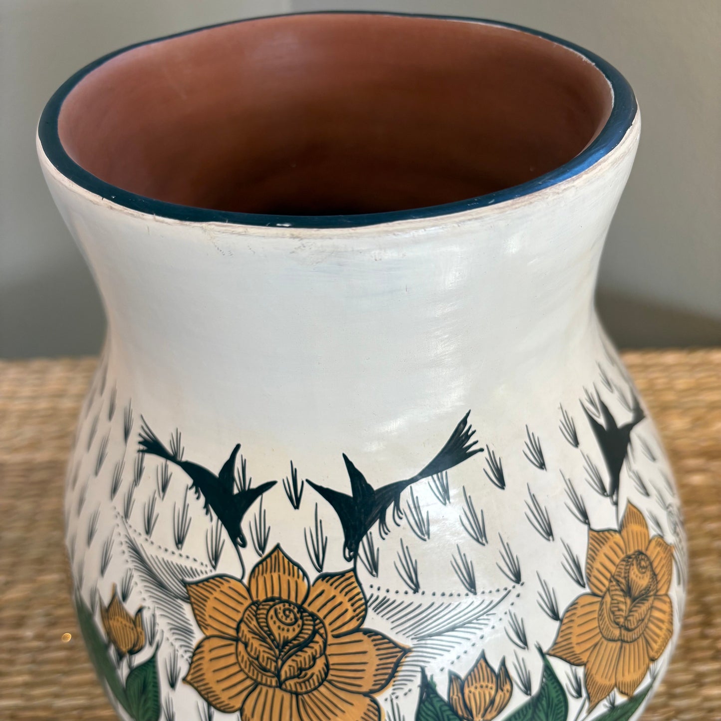 Hand-Painted Decorative Clay Vase - Yellow Roses & Black Birds | Michoacán Mexican Folk Art