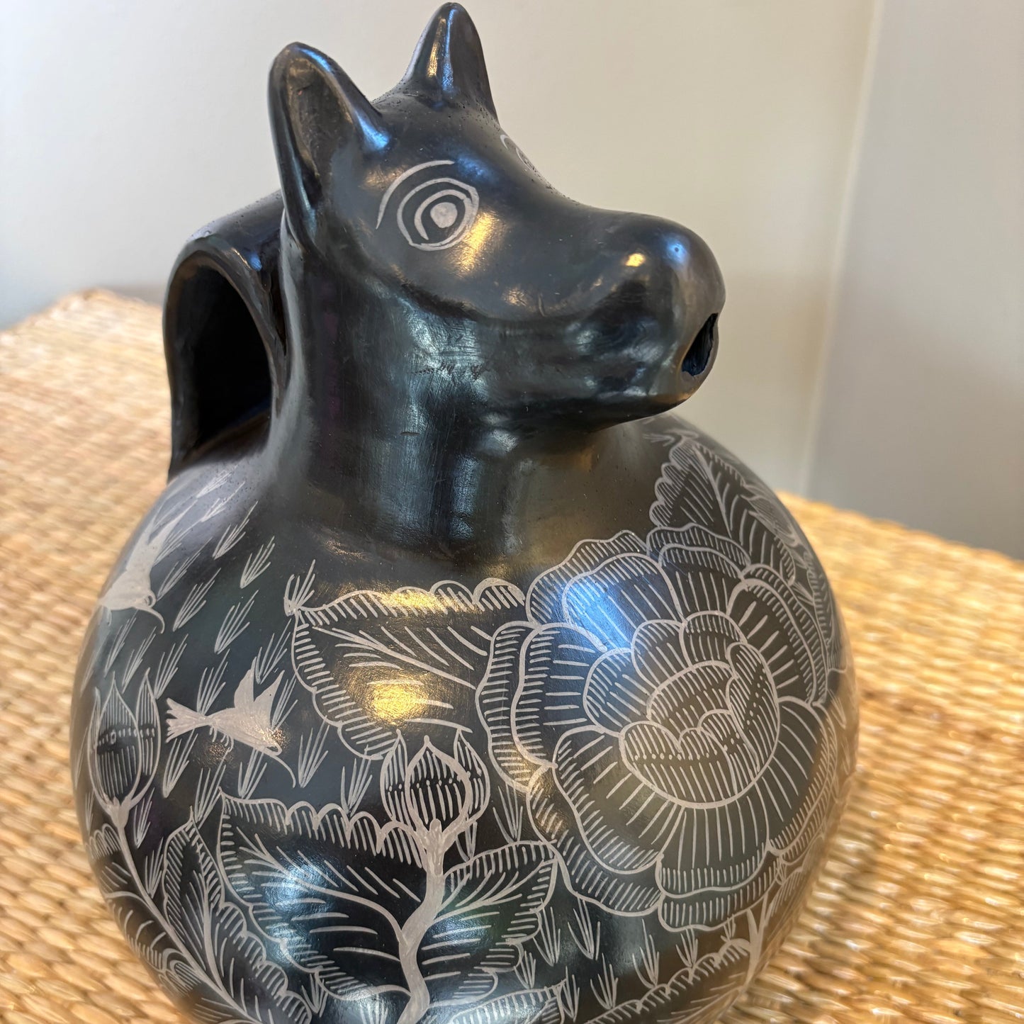 XOLO Clay Pitcher - Large | Burnished Clay with Flora & Hummingbird Designs