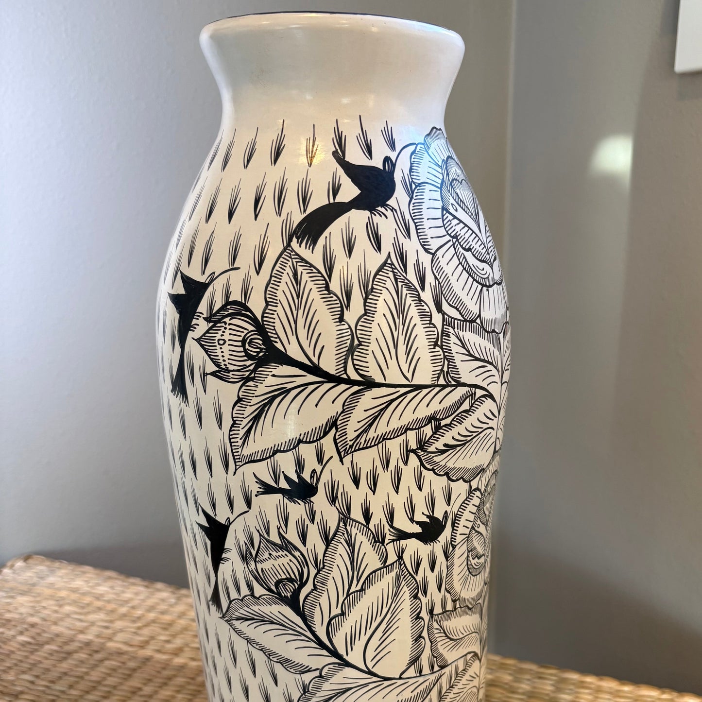 Tall cylindrical vase-white with black designs (small)