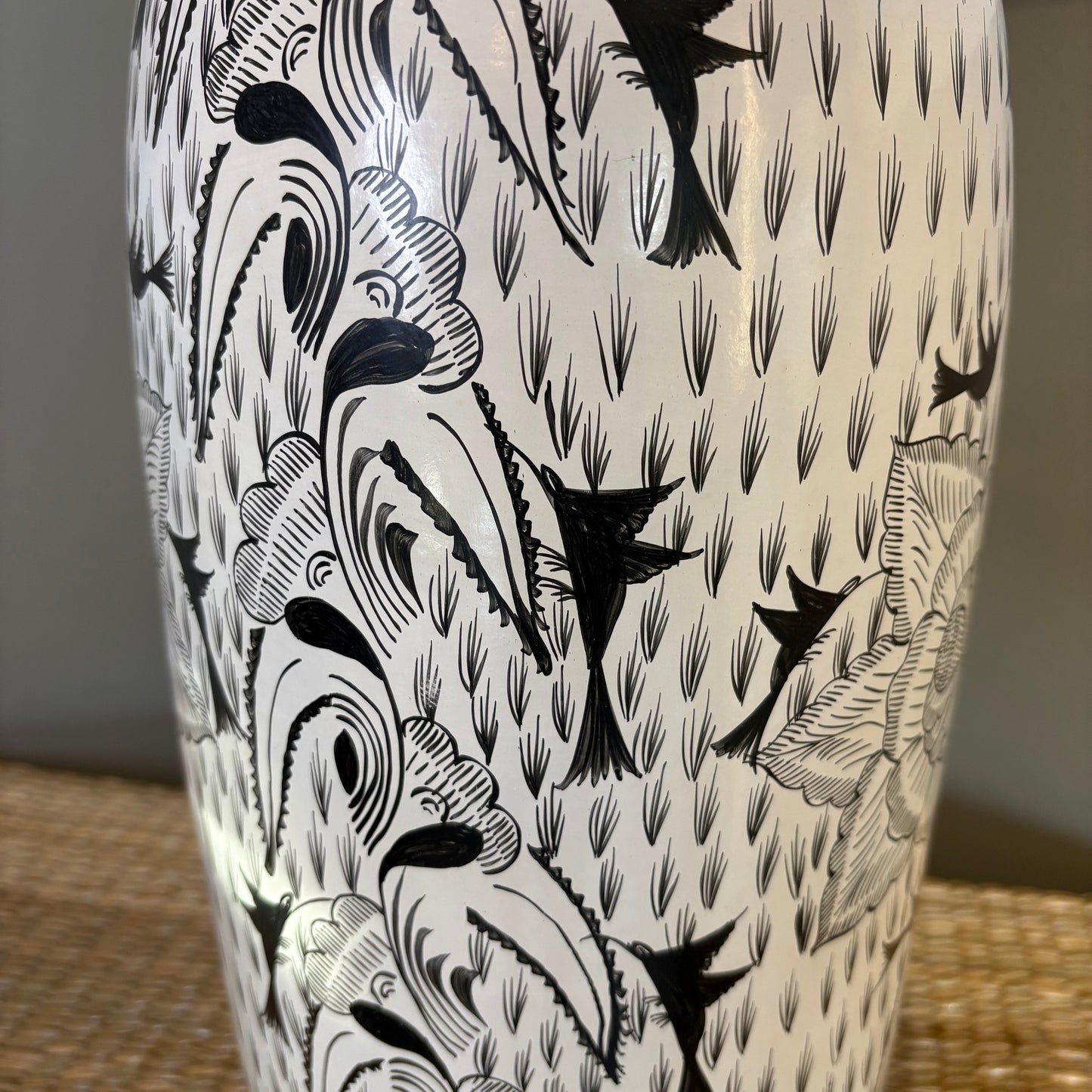 Tall cylindrical vase-white with black designs (large)