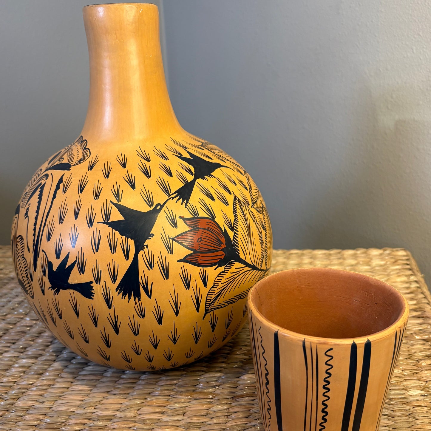 Handpainted Gourd Pot & Glass Set - Michoacán Folk Art | Yellow, Black & Orange