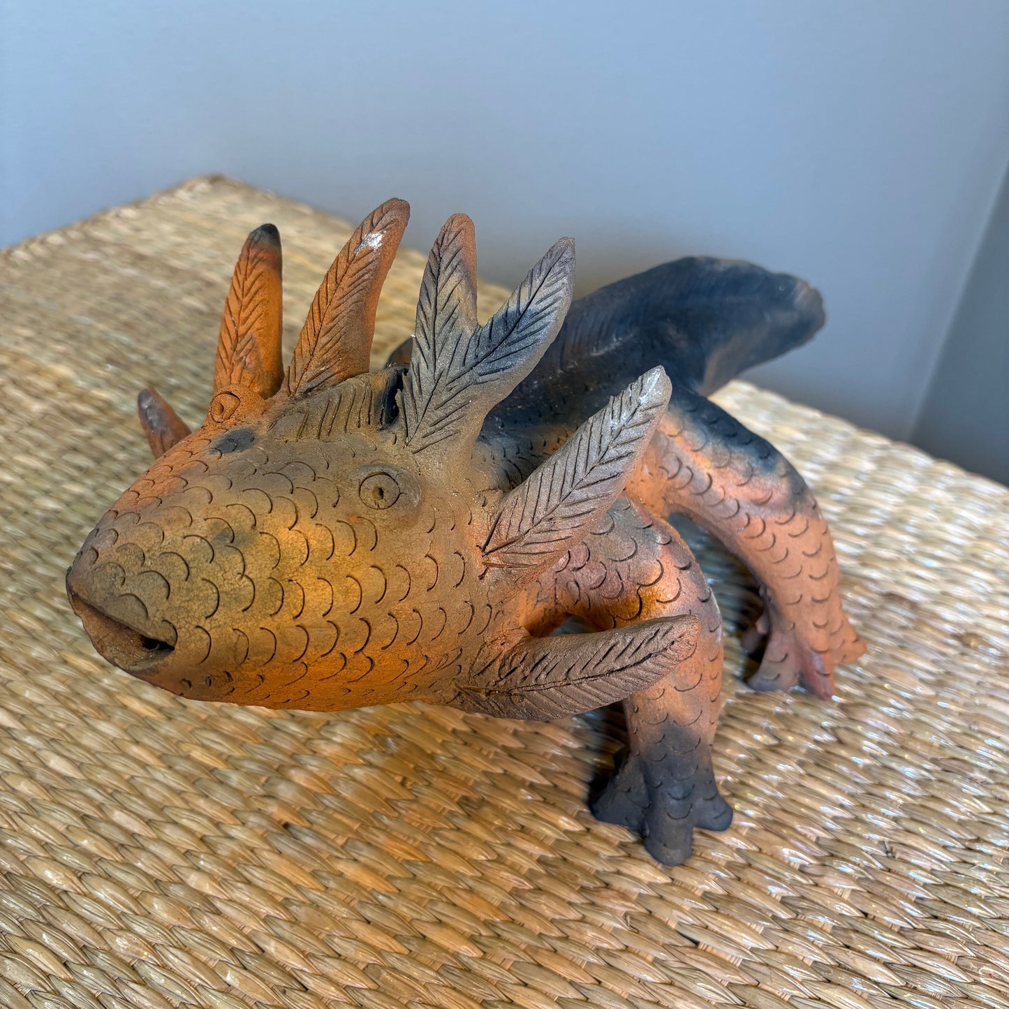 Ajolote " Axolotl". Sculpture entirely by hand and fired . pre-hispanic technique, this piece radiates joy and will be a truly unique addition to your collection.