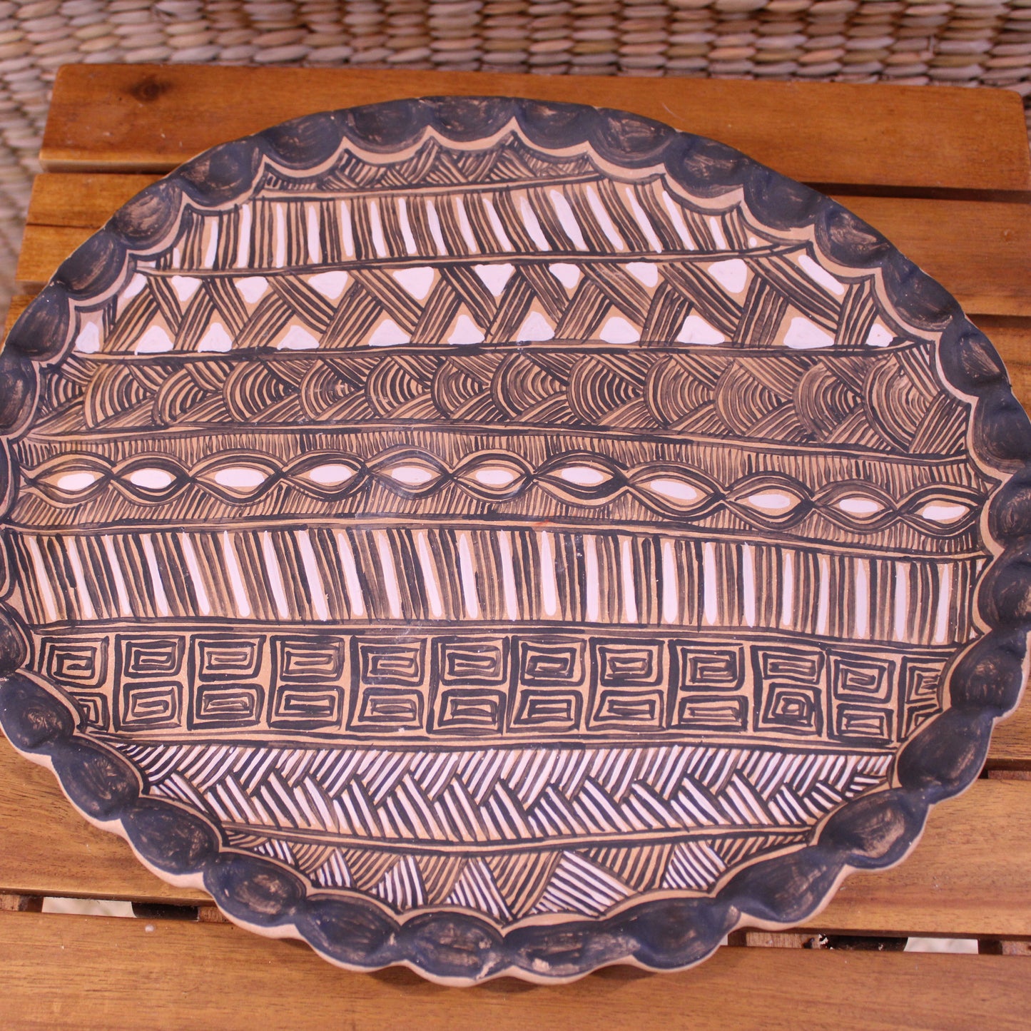 Hand-Painted Plate with Base - Black | Mexican Folk Art Pottery
