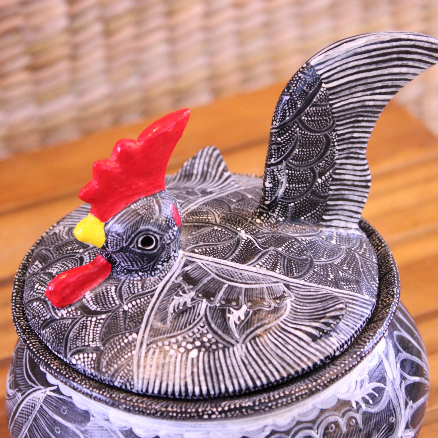 Sugar bowl rooster hand painted in black