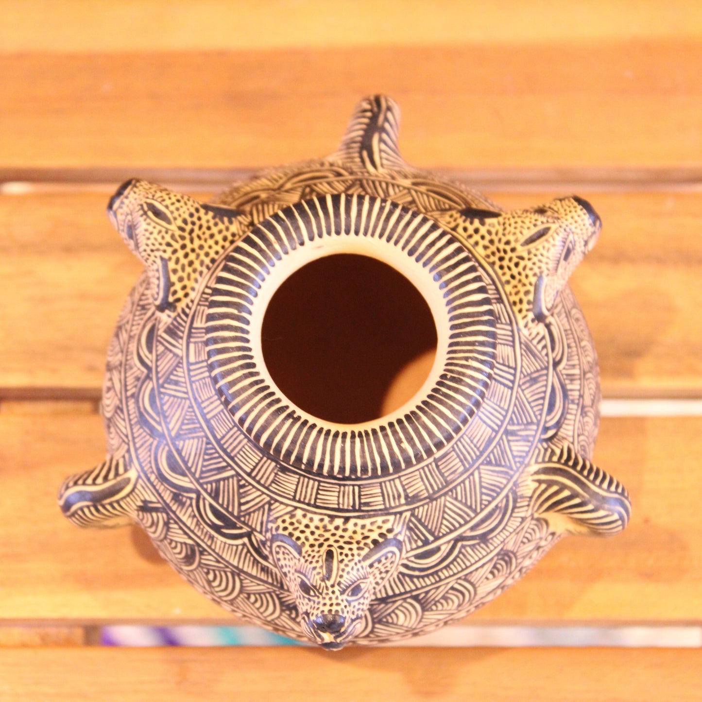 3 Headed jaguar pot hand painted