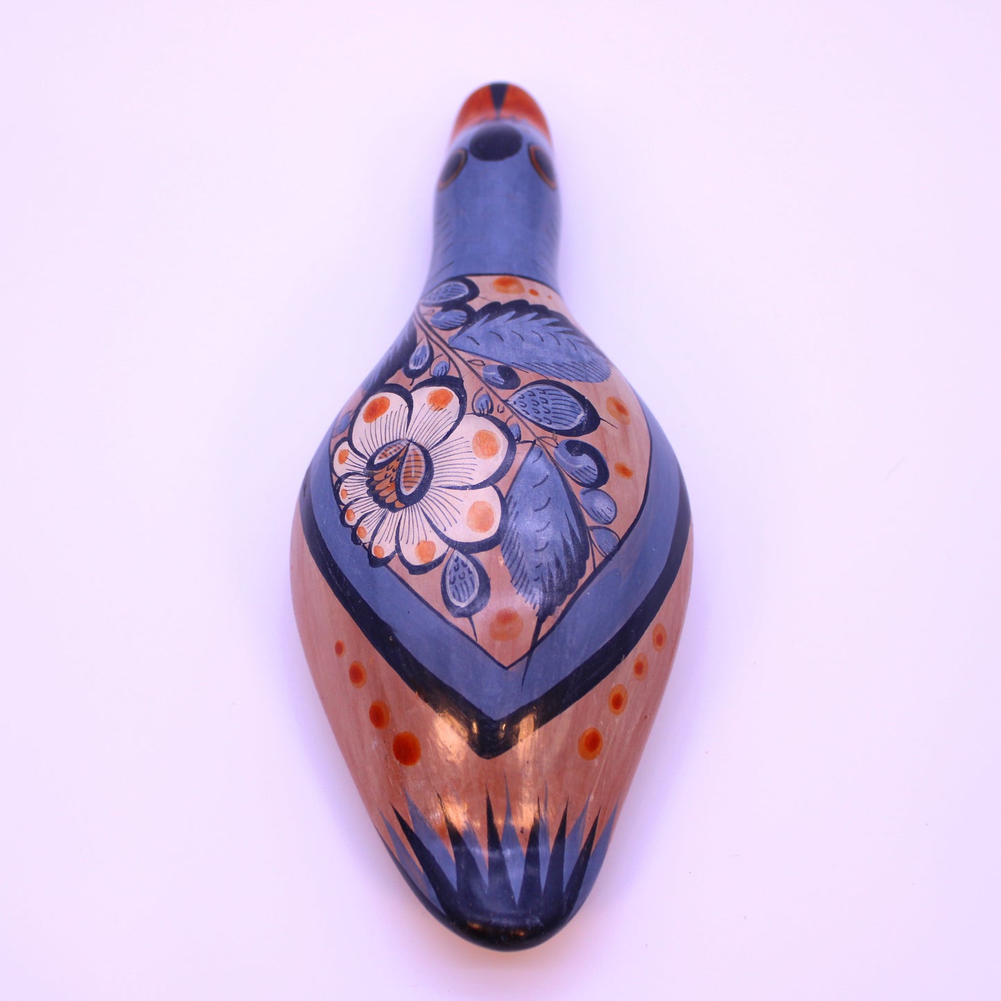 Hand-Painted Burnished Clay Blue Duck - Colorful Details | Mexican Folk Art Ceramic