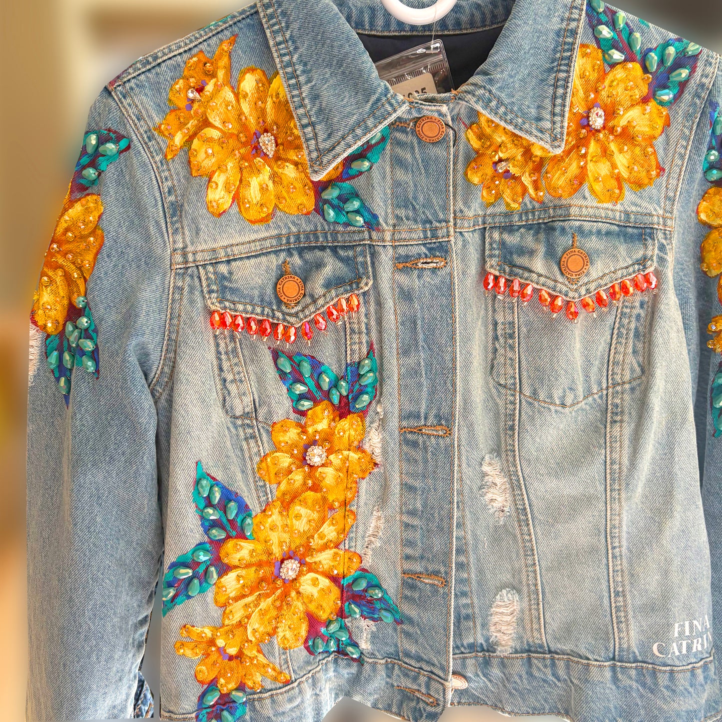 Hand-embroidered denim jacket with heart and flowers in yellow - Mexican artisan fashion