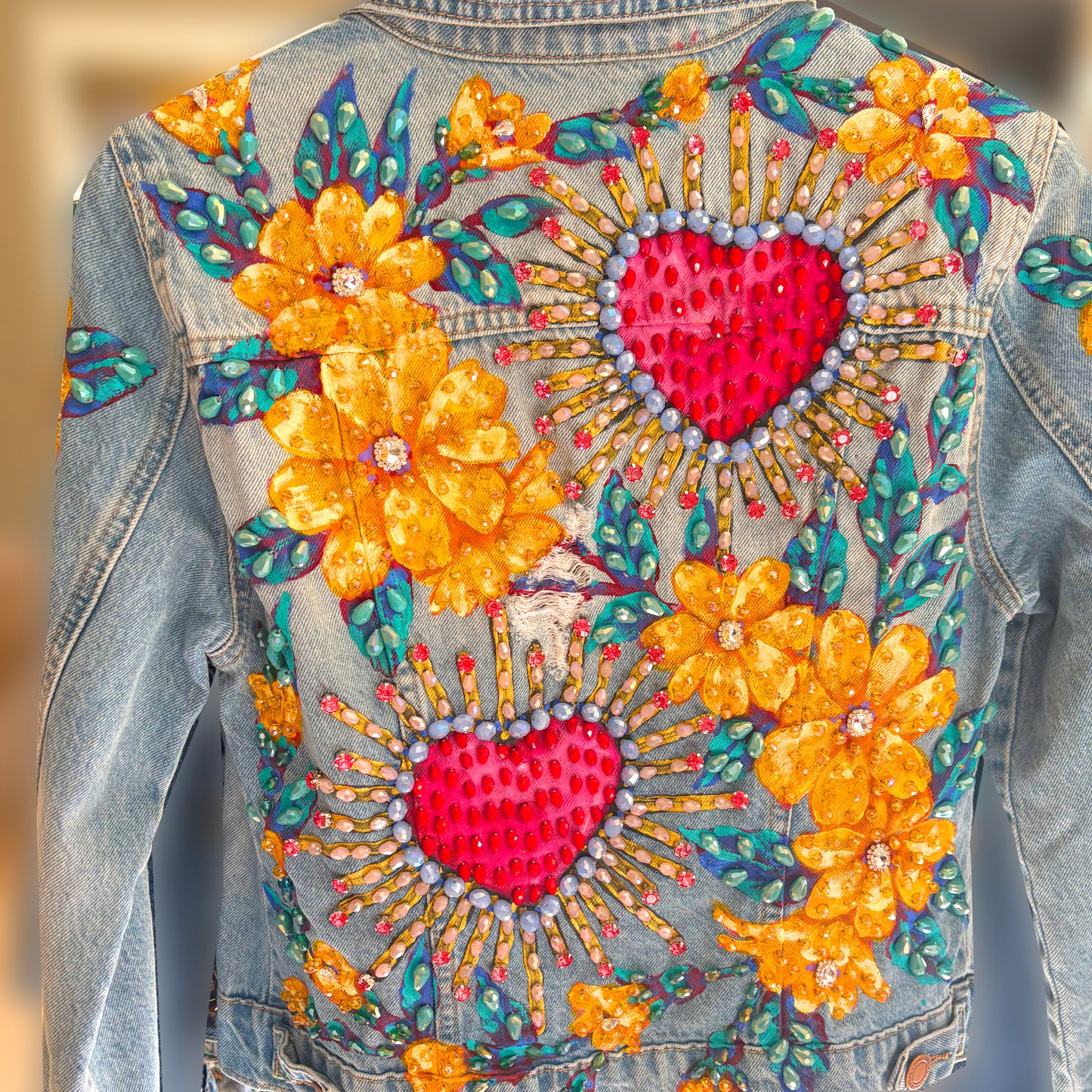 Denim Jacket. Heart/Flowers (Yellow)