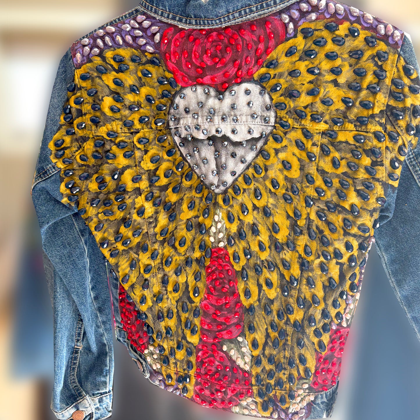 Hand-Embroidered Denim Jacket - Hearts & Wings Design | Mexican Artisan Fashion