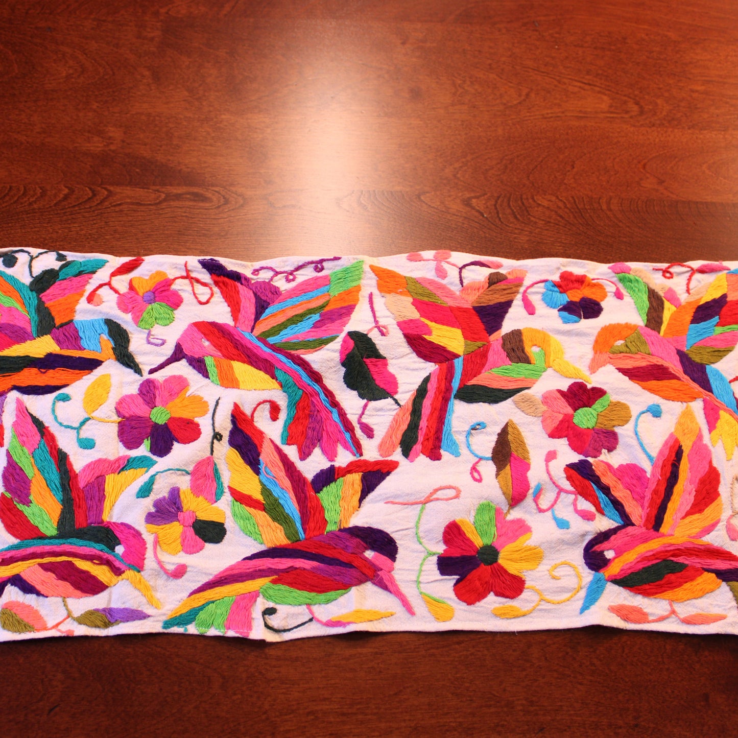 Hand-embroidered Tenango table runner with birds small 10.5x23.5 inches - Mexican artisan textile