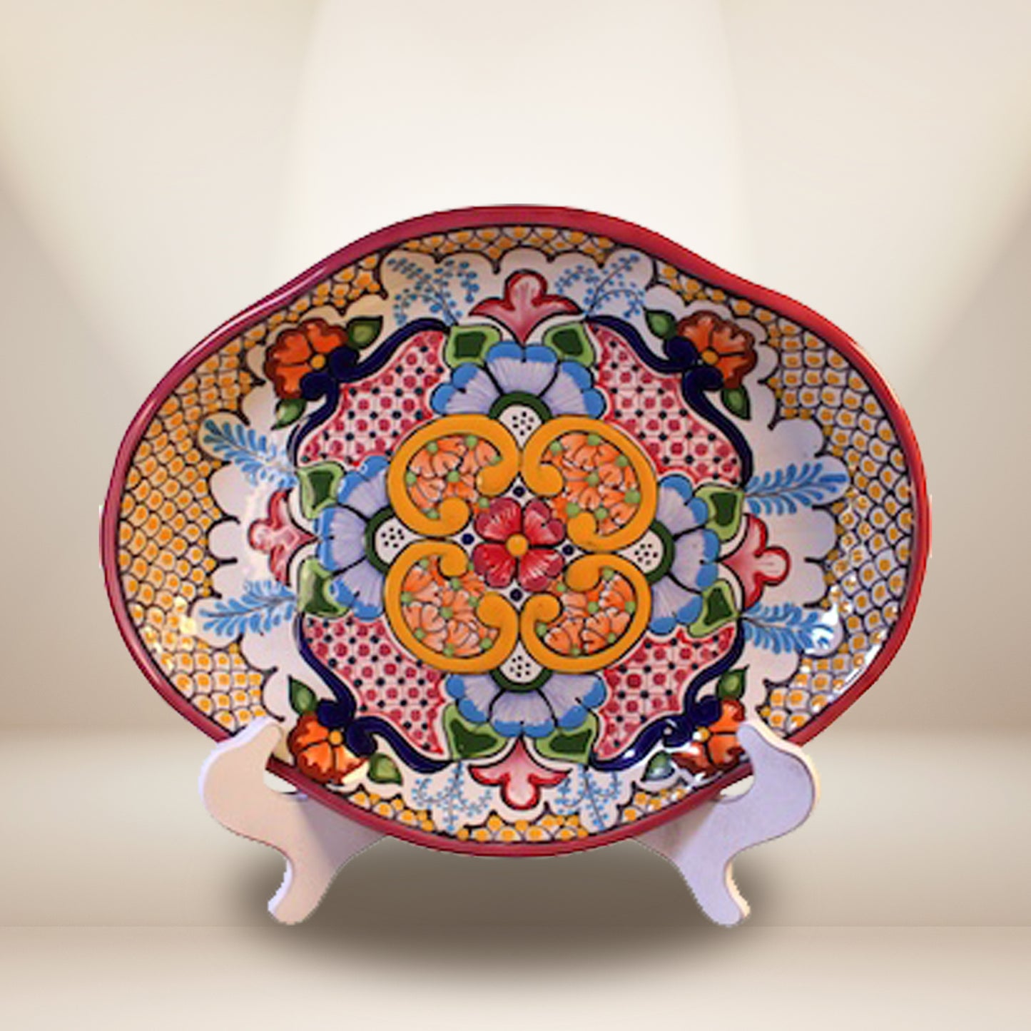 Hand-painted Talavera oval platter 12x15 inches flower style - authentic Mexican pottery