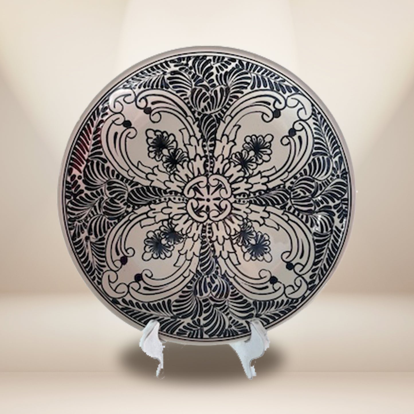 Hand-painted Talavera round platter 12 inches black and white - authentic Mexican pottery