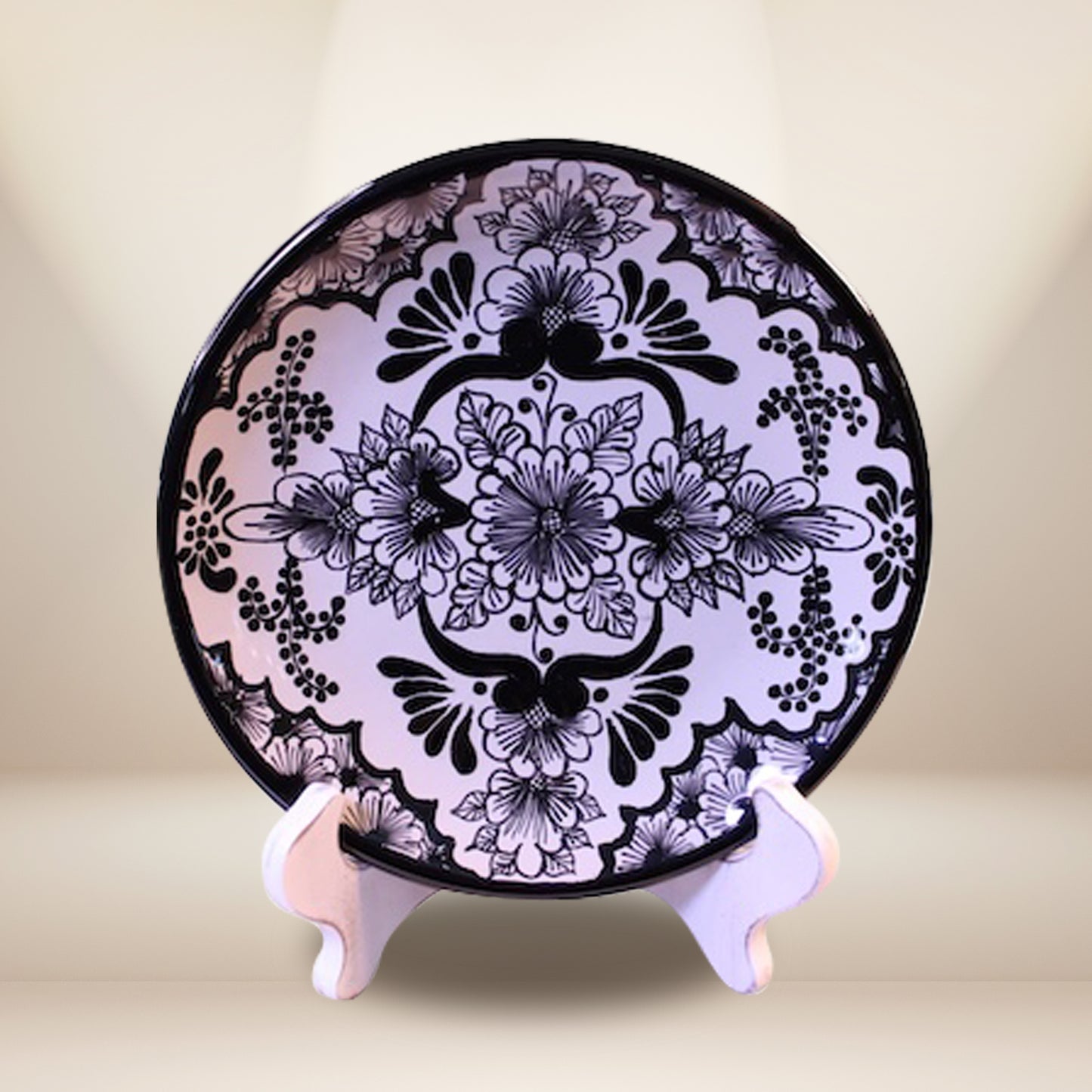Hand-painted Talavera round platter 8.5 inches black and white - authentic Mexican pottery