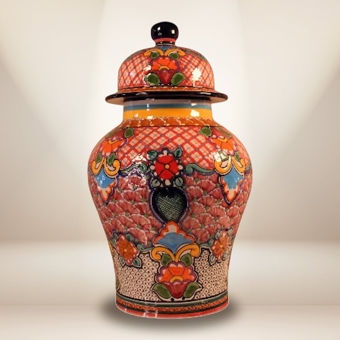 Hand-painted Talavera Tibor jar 16.5 inches - authentic Mexican pottery decorative urn
