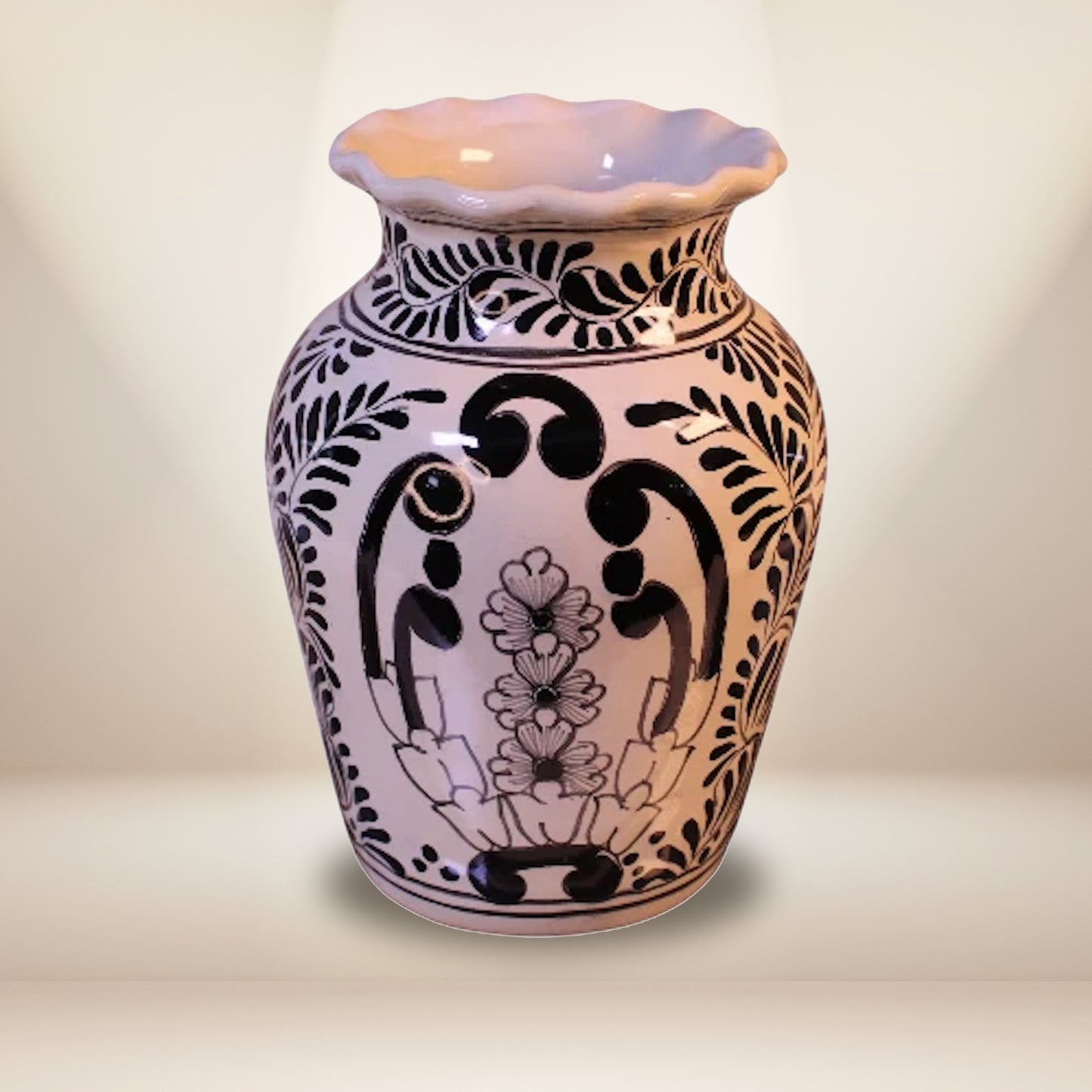 Hand-painted Talavera vase 7 inches black and white - authentic Mexican pottery