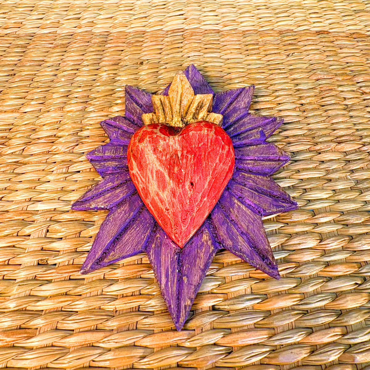 Carved wood heart hand painted