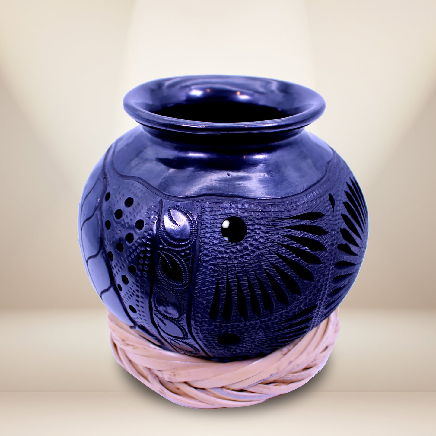 Hand-Carved Black Clay Ball Vase 6" - Oaxacan Barro Negro | Authentic Mexican Pottery