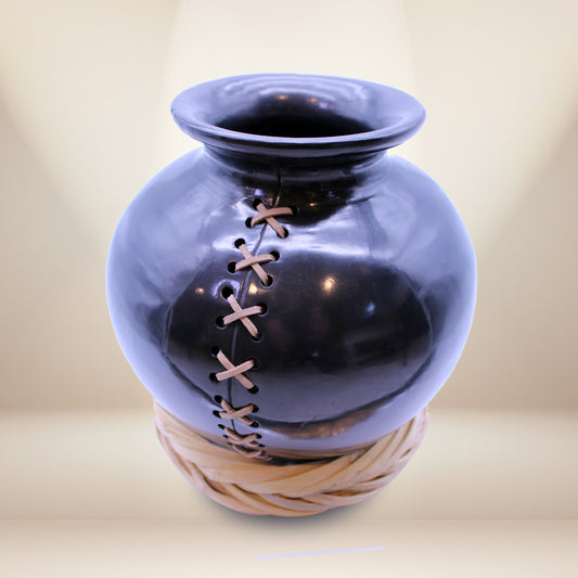 Hand-Carved Black Clay Ball Vase with Leather 6" - Oaxacan Barro Negro | Mexican Pottery