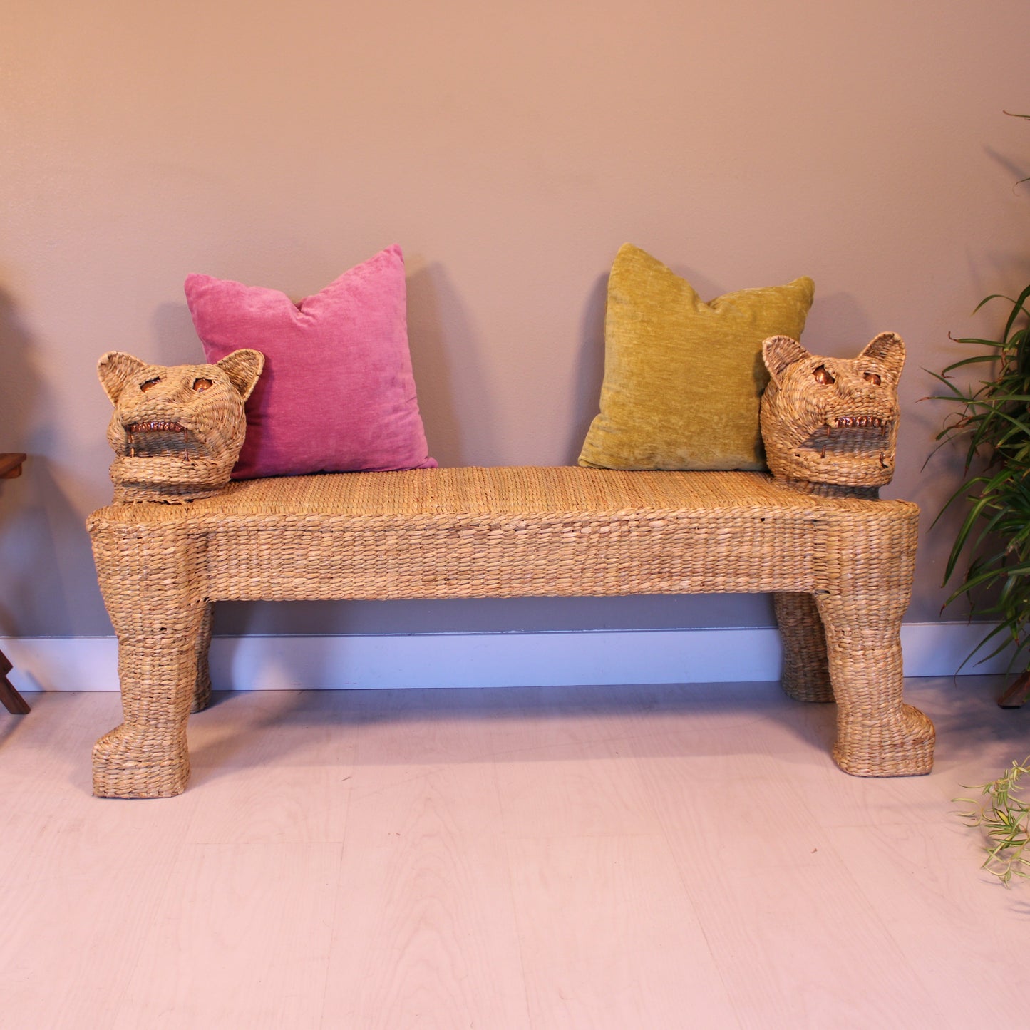 Handwoven Double Headed Jaguar Bench - Natural Reed Chuspata | Mexican Artisan Furniture