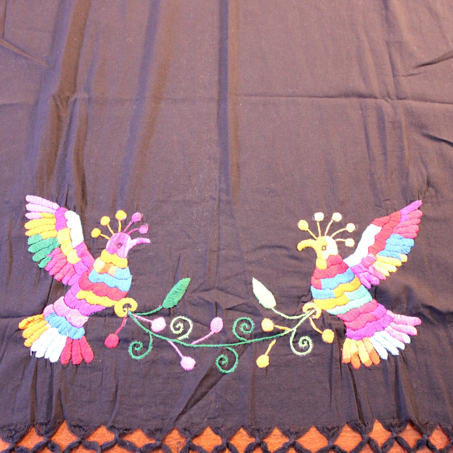 Hand-Embroidered Tenango Shawl - 2 Birds in Black | Mexican Artisan Textile