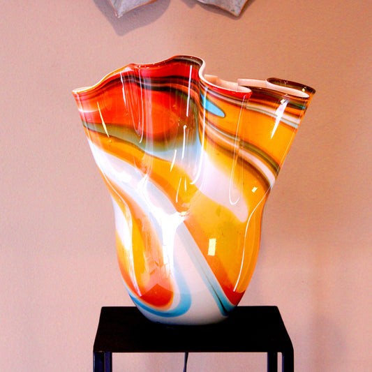 Hand-blown glass floor lamp orange white blue 13.5x13 inches - artisan lighting Mexican décor