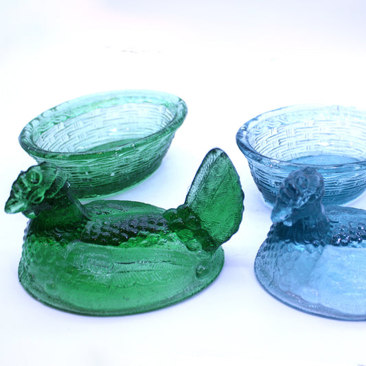 Medium hen dish blue and green each