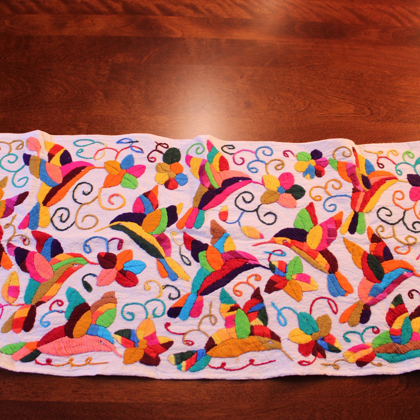 Hand-embroidered Tenango table runner with birds medium 13x35.5 inches - Mexican artisan textile