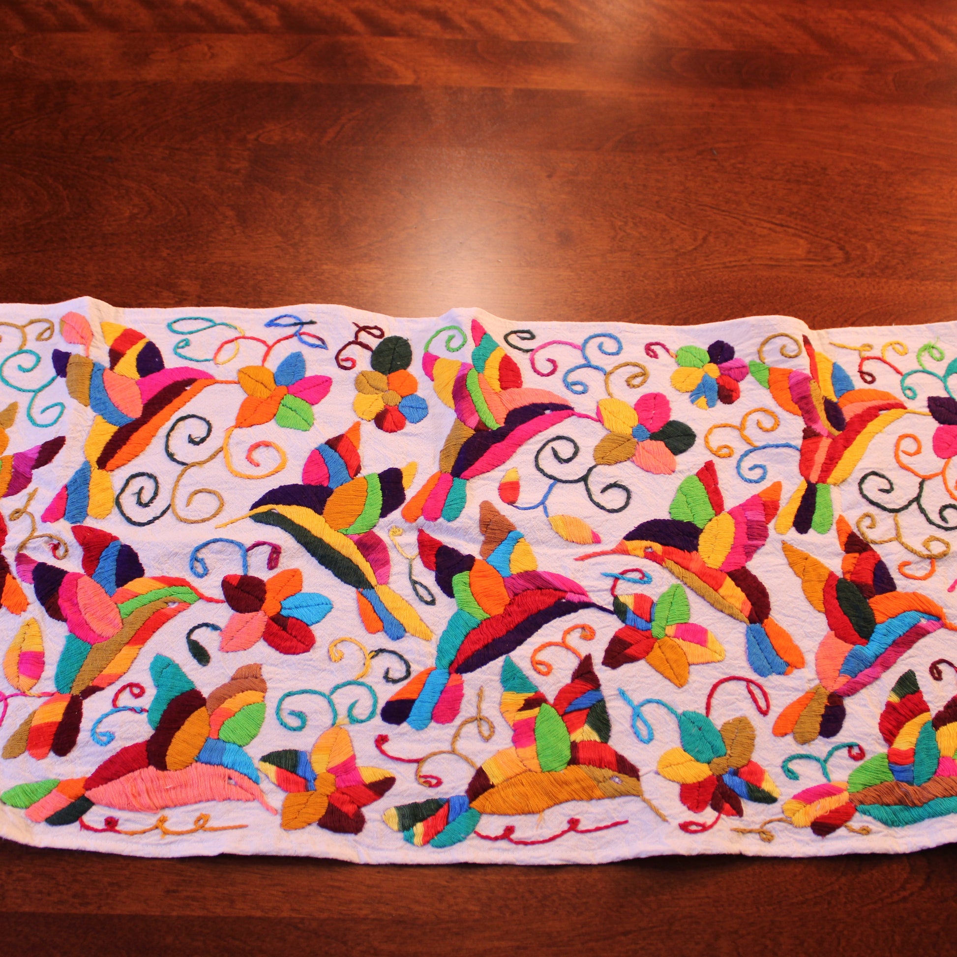Hand-embroidered Tenango table runner with birds medium 13x35.5 inches - Mexican artisan textile
