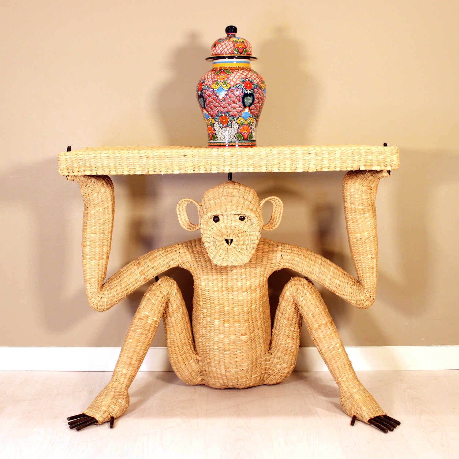 Handwoven monkey table 32 inches in natural reed Chuspata - Mexican artisan furniture