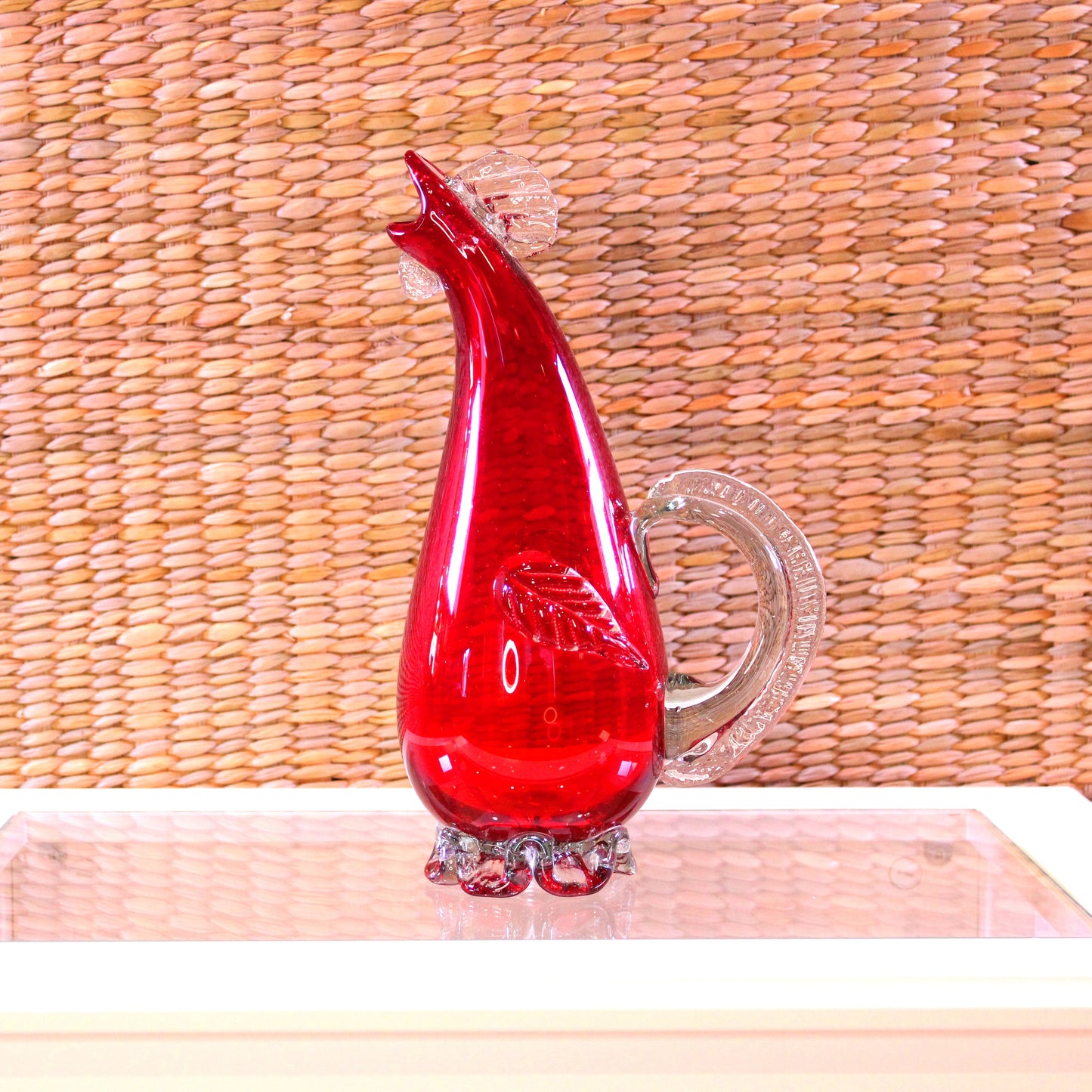 Hand-Pressed Glass Rooster Pitcher Red - Mexican Artisan Glassware