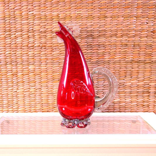 Hand-Pressed Glass Rooster Pitcher Red - Mexican Artisan Glassware
