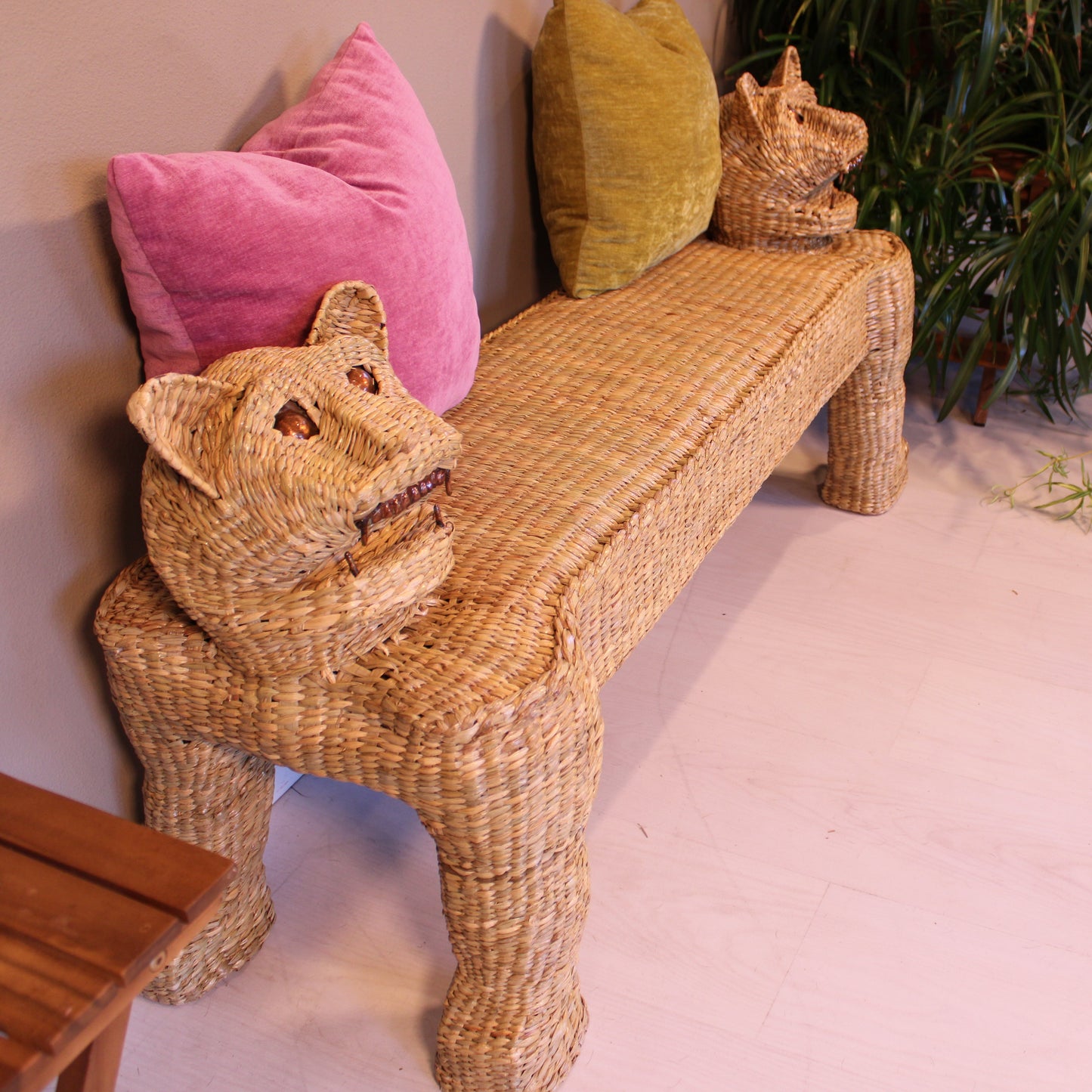 Handwoven Double Headed Jaguar Bench - Natural Reed Chuspata | Mexican Artisan Furniture