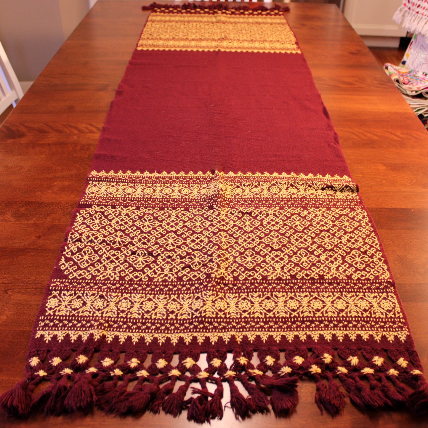Bed scarf-runner-hand embroidered with wool / Yellow and burgundy.