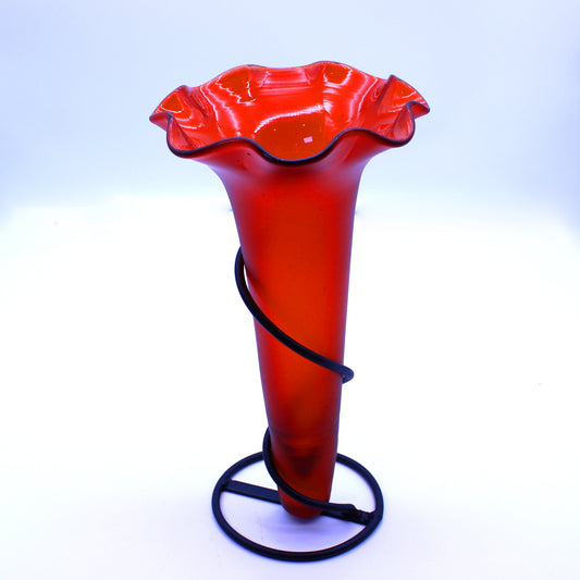 Hand-Blown Glass Flower Vase with Iron Base - Orange | Mexican Artisan Glassware