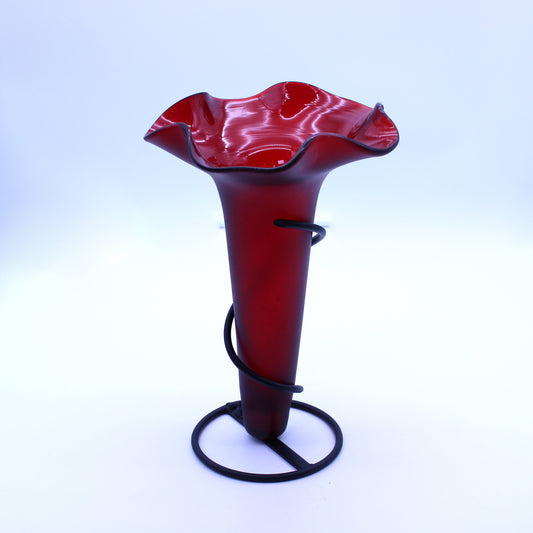 Hand-Blown Glass Flower Vase with Iron Base - Red | Mexican Artisan Glassware