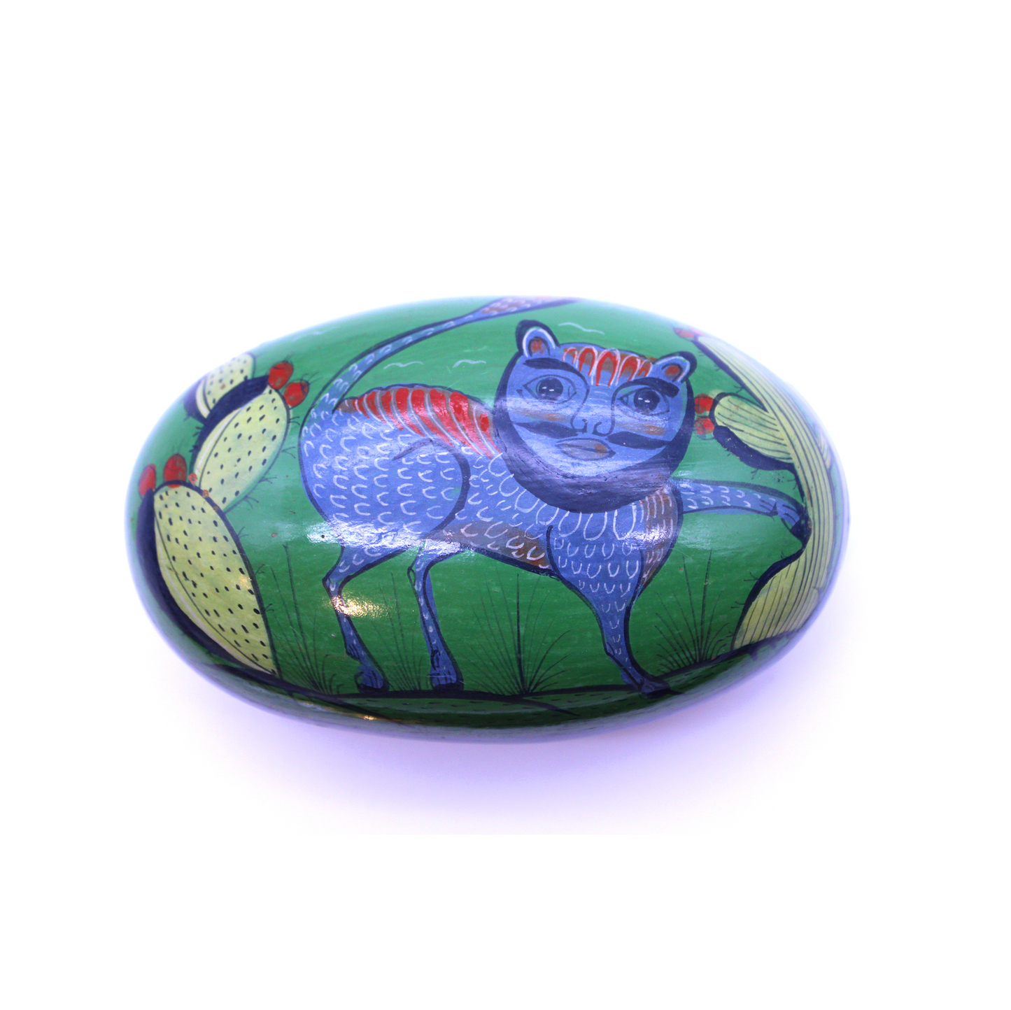 Hand-Painted Burnished Clay Medium Box - Green II | Mexican Folk Art Ceramic
