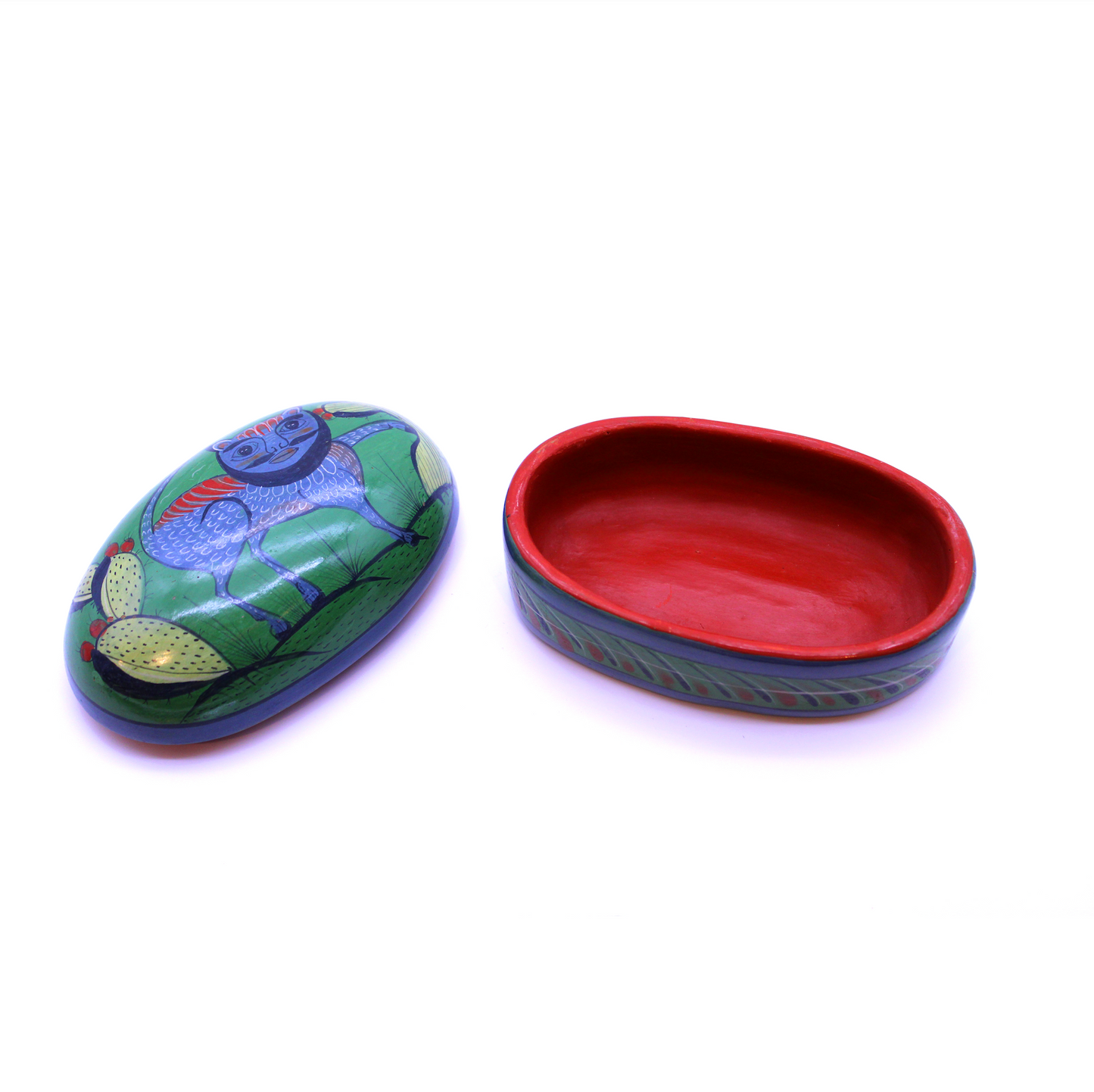 Hand-Painted Burnished Clay Medium Box - Green II | Mexican Folk Art Ceramic