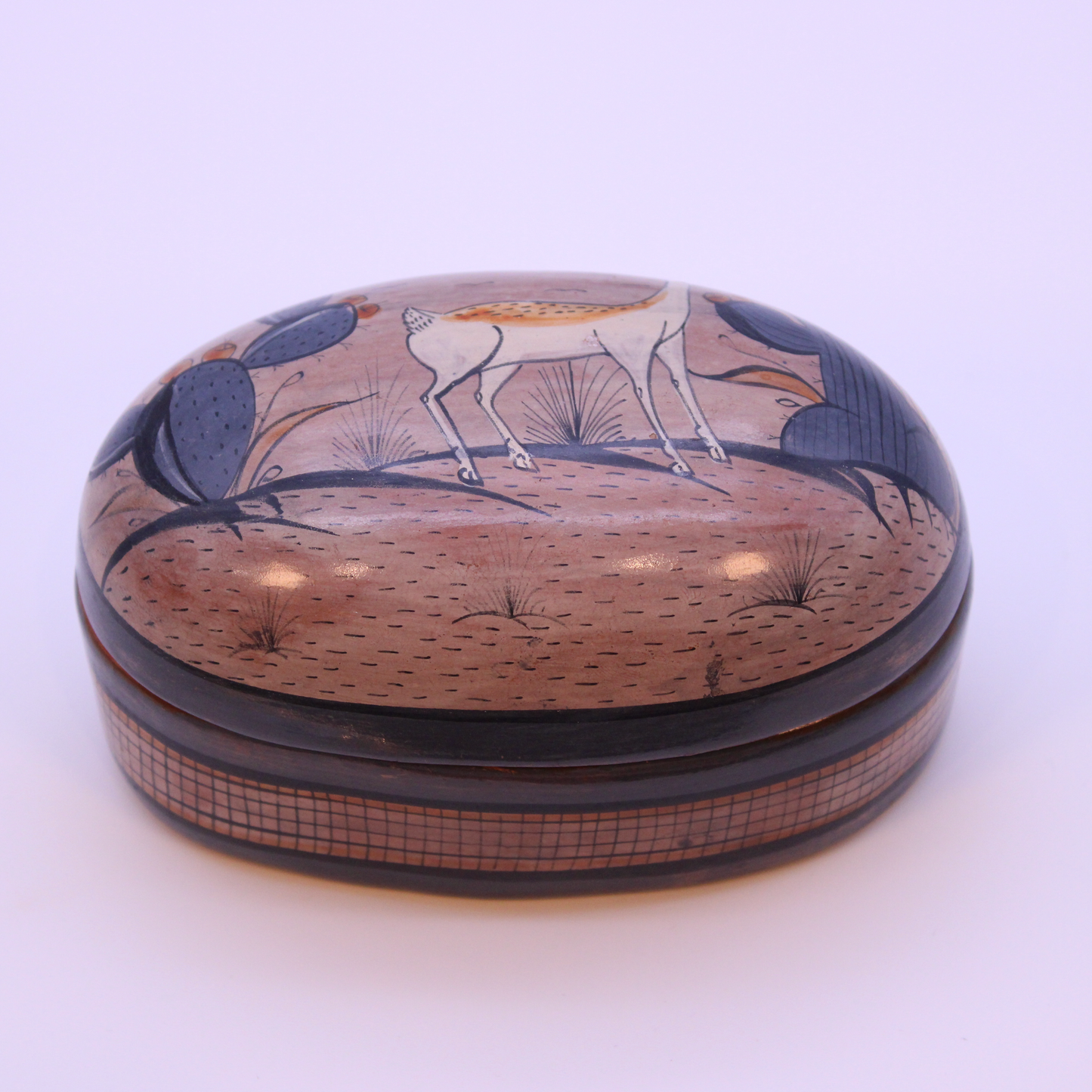 Hand-Painted Burnished Clay Oval Box - Beige | Mexican Folk Art Ceramic