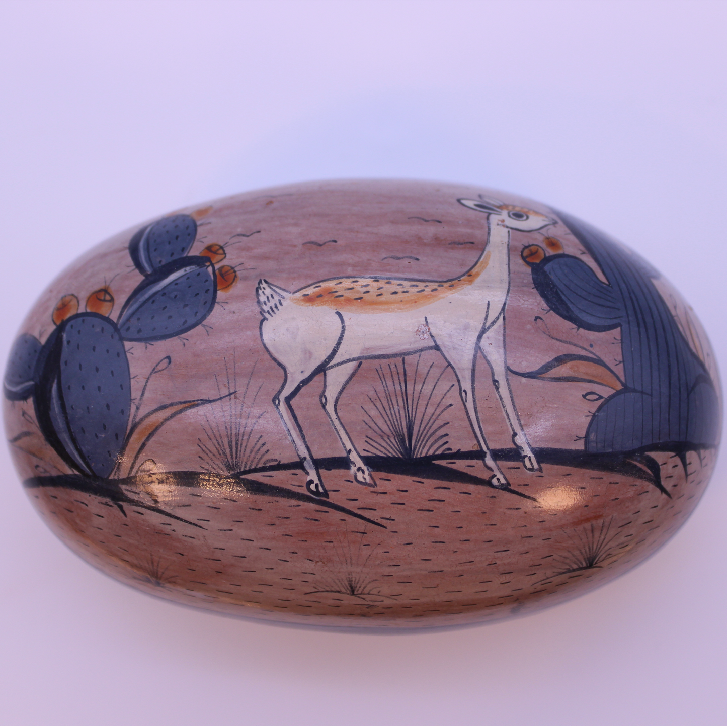 Hand-Painted Burnished Clay Oval Box - Beige | Mexican Folk Art Ceramic